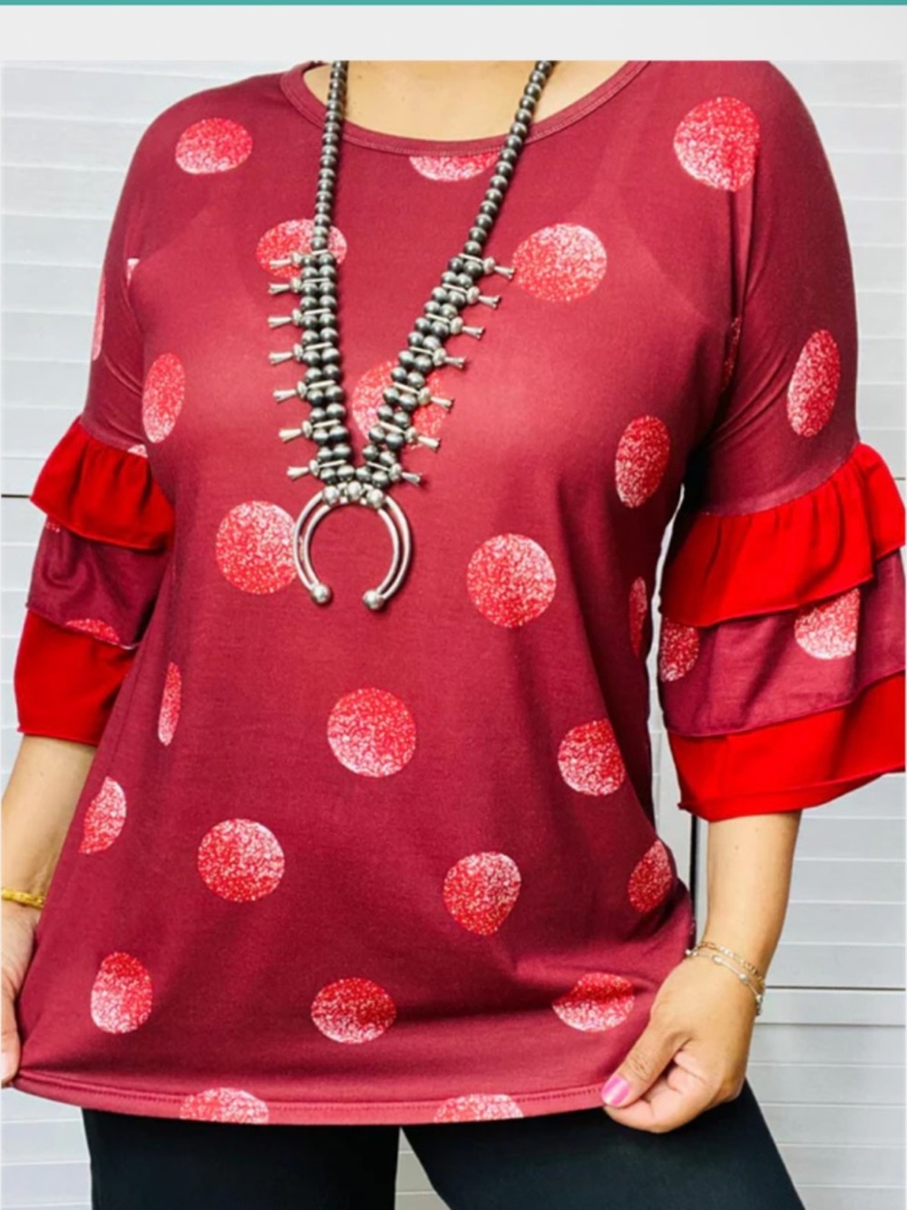 Polka Dot Ruffle Sleeve Tunic in Burgundy